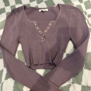 Love Tree cropped, long-sleeve, ribbed henley top